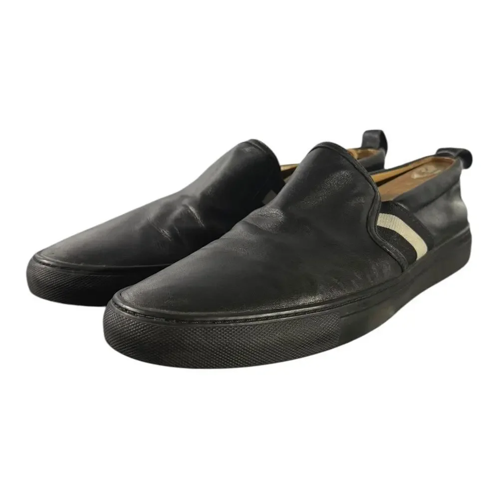 Bally Herald Men’s 200 Black Leather Slip On White Stripe Dress Sneakers 10 D